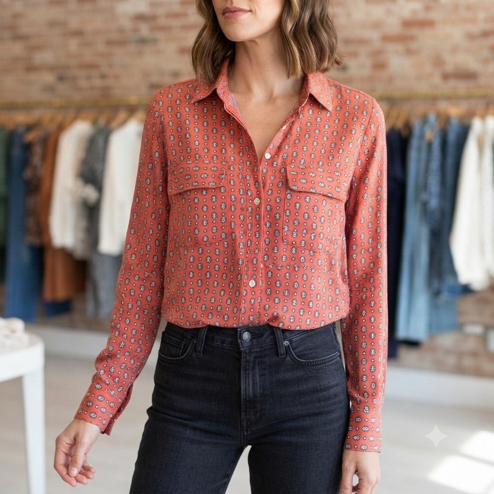 Massimo Dutti Women Burnt Orange Medallion Print Button Down Shirt Size 4